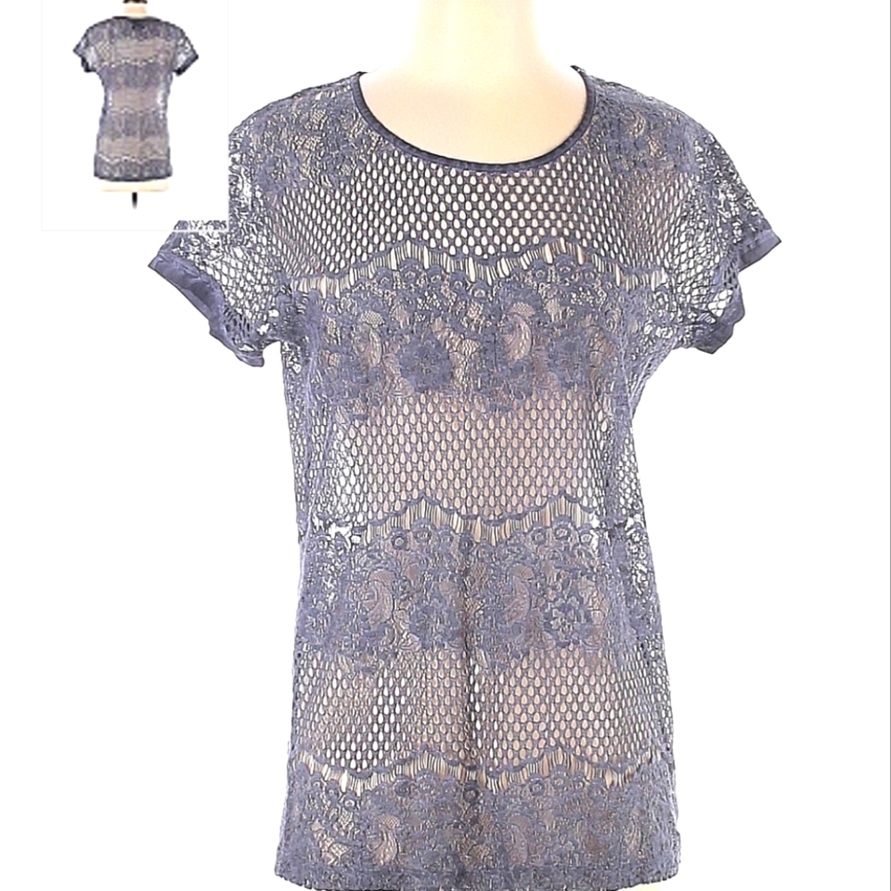 Nanette NANETTE LEPORE Grey Lace T-shirt Top